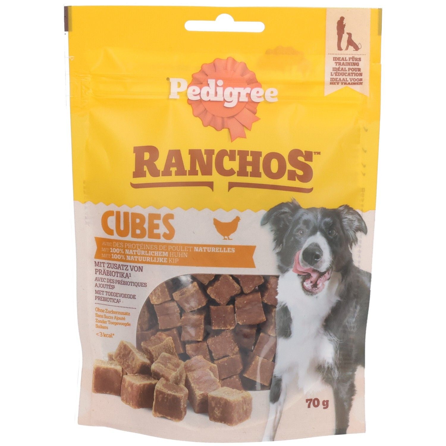 Pedigree Ranchos Cubes Kip Hundeleckerlis in gelber Verpackung mit Hundebild.