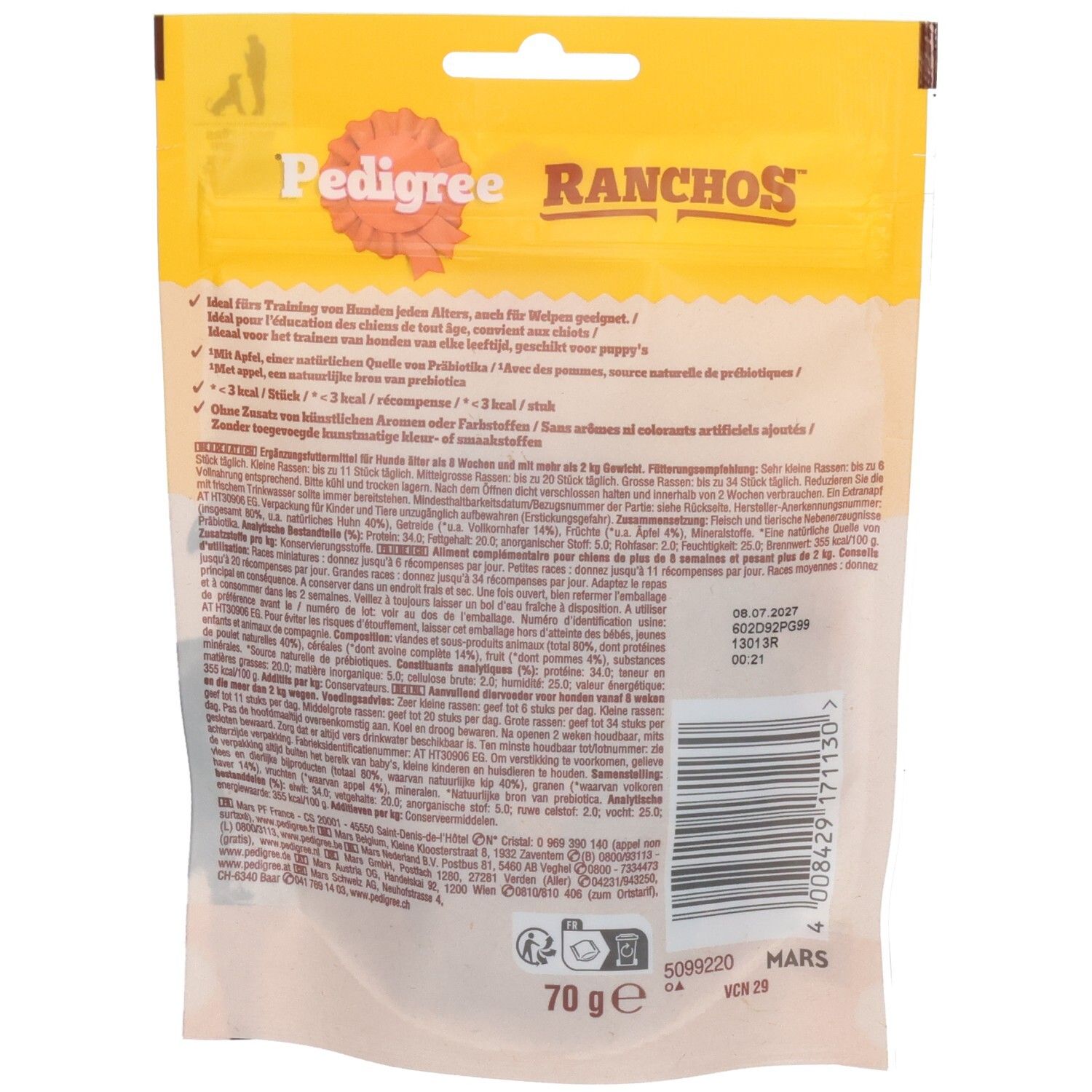 Rückseite der Pedigree Ranchos Cubes Kip Hundeleckerli-Verpackung mit Nährwertangaben.