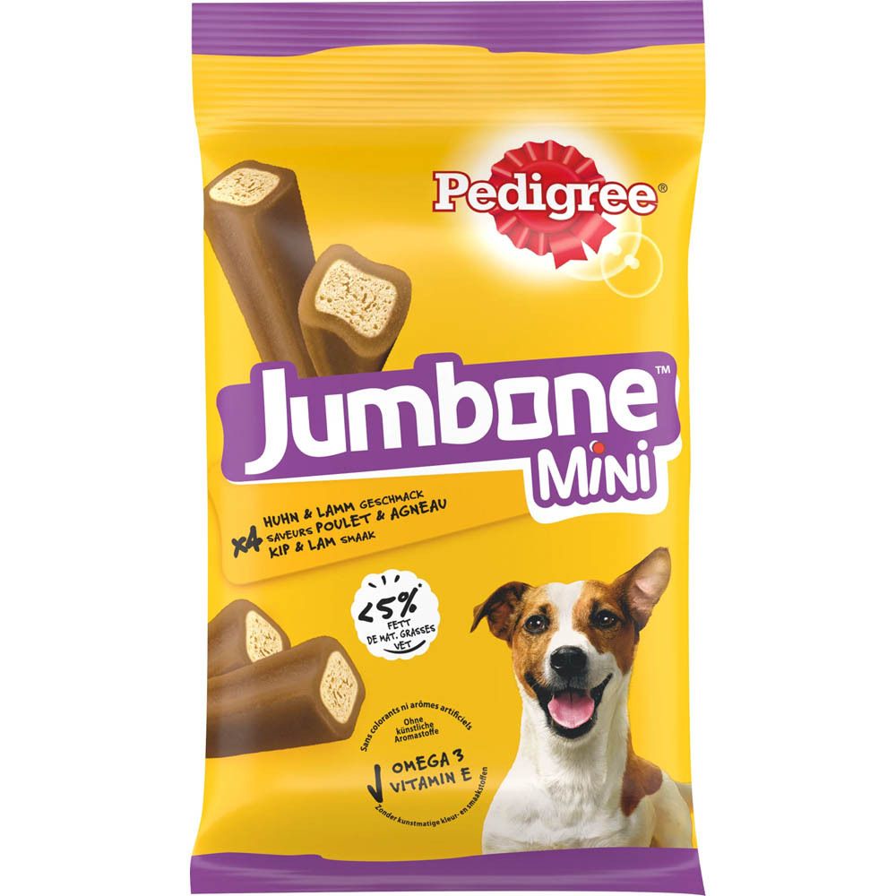 Pedigree Jumbone Mini Hundeleckerlis mit Huhn & Lamm Geschmack. Mit Omega 3 und Vitamin E.