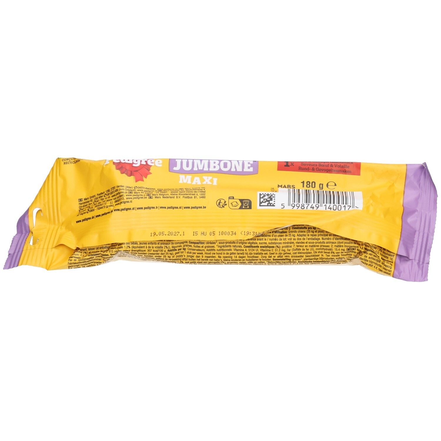 Pedigree Ranchos Cubes Hundefutter, gelbe Tüte mit Hund und Würfeln.