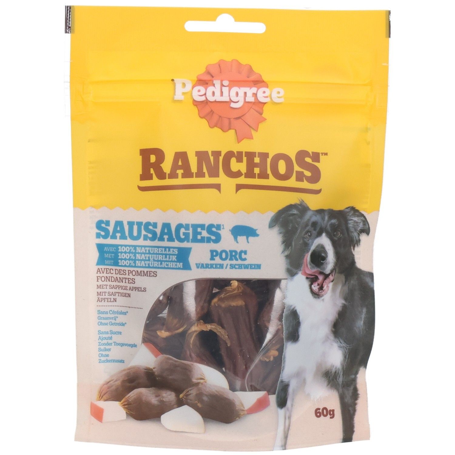 Pedigree Ranchos Sausages Hundeleckerli in gelber Verpackung mit Hundebild.
