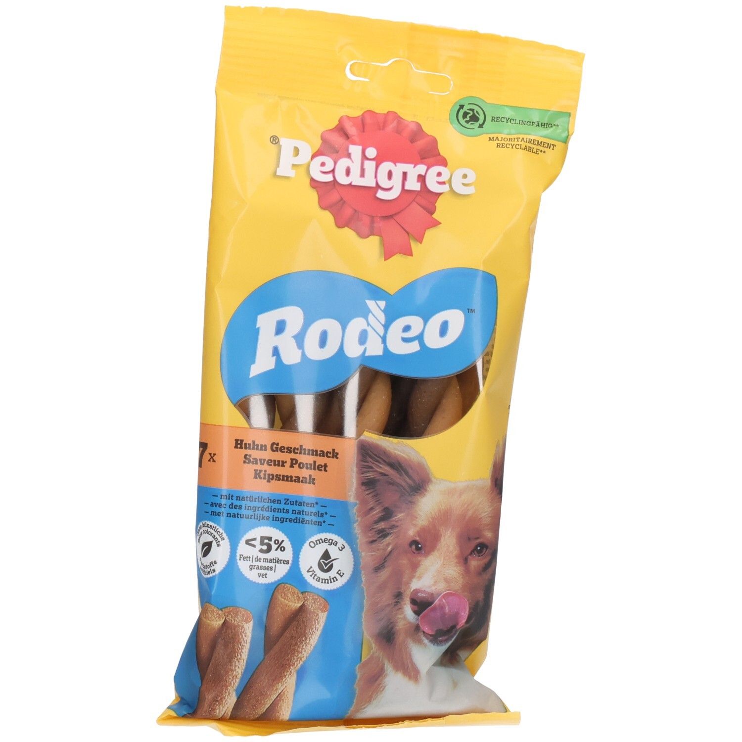 Pedigree Rodeo Kip Hundeleckerli in gelber Verpackung mit Hundebild.