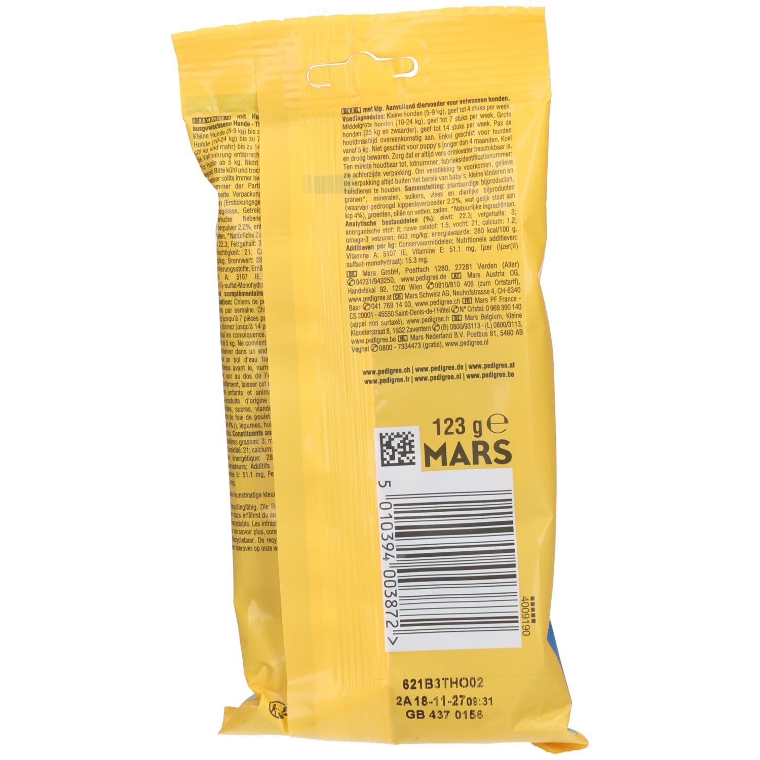 Rückseite der Pedigree Rodeo Kip Hundeleckerli-Verpackung mit Nährwertangaben.