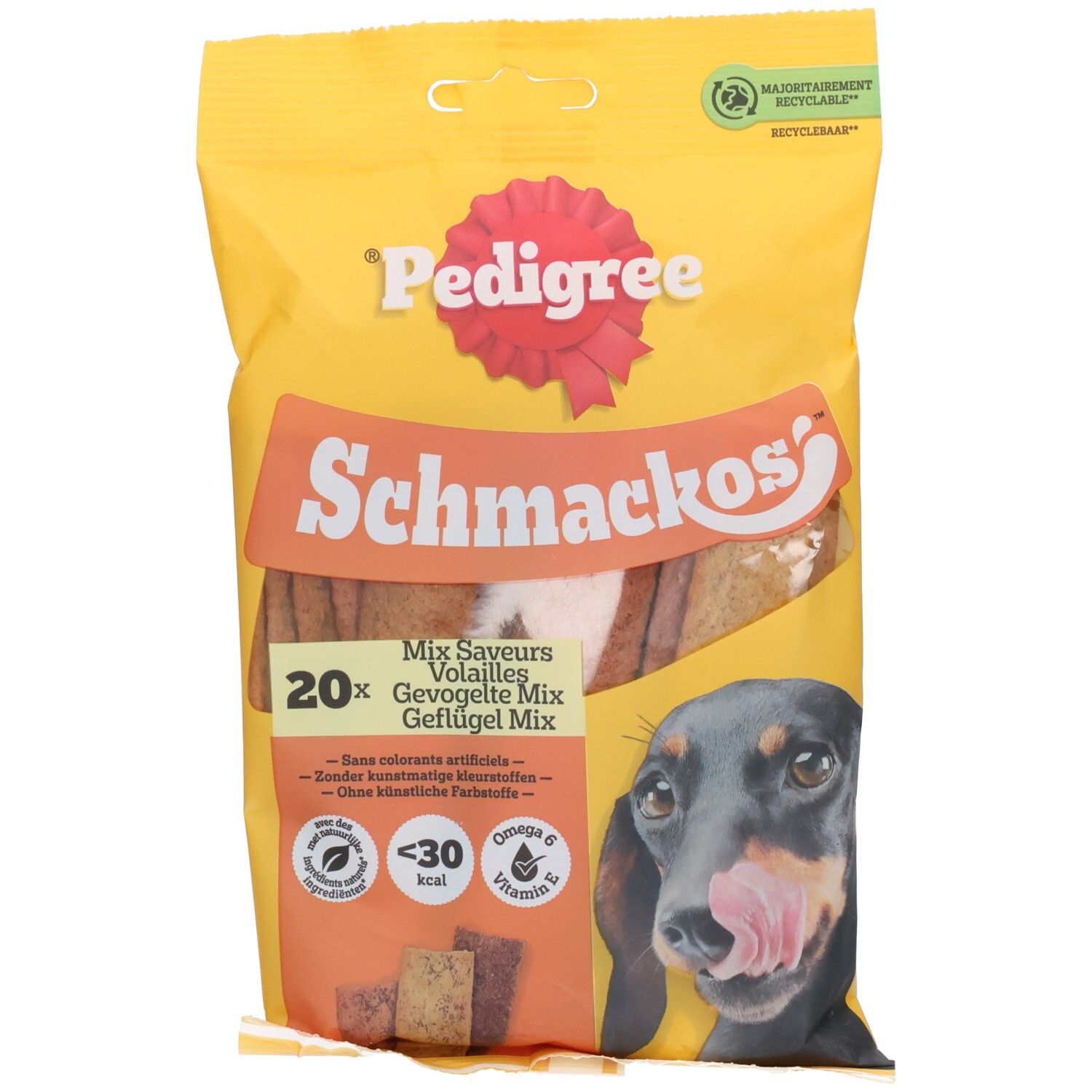 Pedigree Schmackos Gevogelte: Gelbe Verpackung mit Hundegesicht und 20x Geflügelmix.