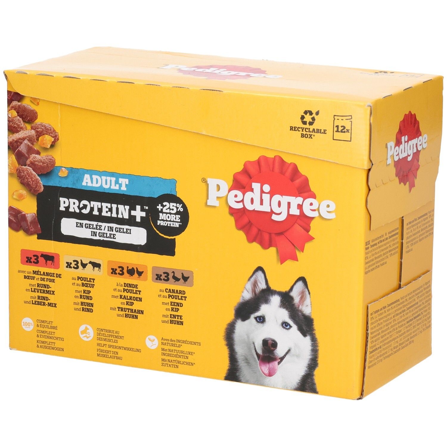 Pedigree Adult Protein+ Hundefutter in Gelee, 12er Pack. Enthält Rind, Huhn, Lamm und Pute.
