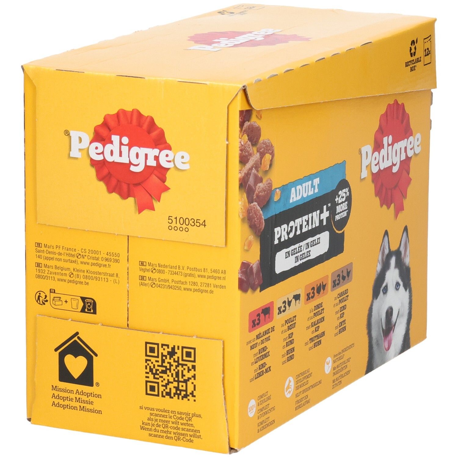 Rückseite der Pedigree Adult Protein+ Hundefutter-Verpackung mit Informationen zu Verdauung und Inhaltsstoffen.