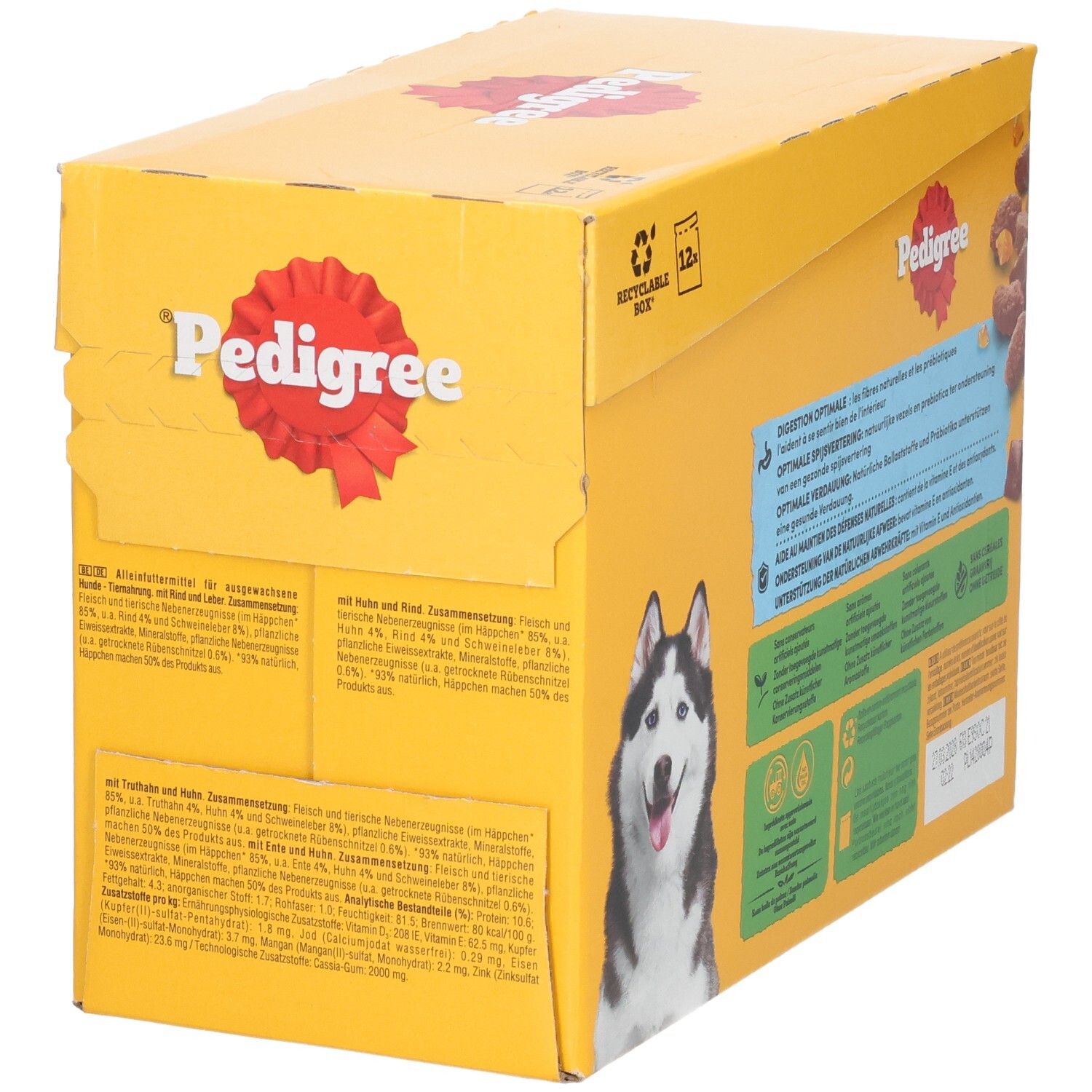 Seitenansicht der Pedigree Adult Protein+ Hundefutter-Verpackung mit detaillierten Inhaltsangaben und Nährwertinformationen.