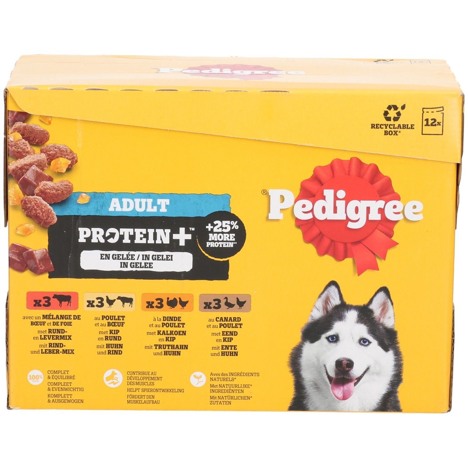 Vorderseite der Pedigree Adult Protein+ Hundefutter-Verpackung, 12er Pack. Zeigt Rind, Huhn, Lamm und Pute.