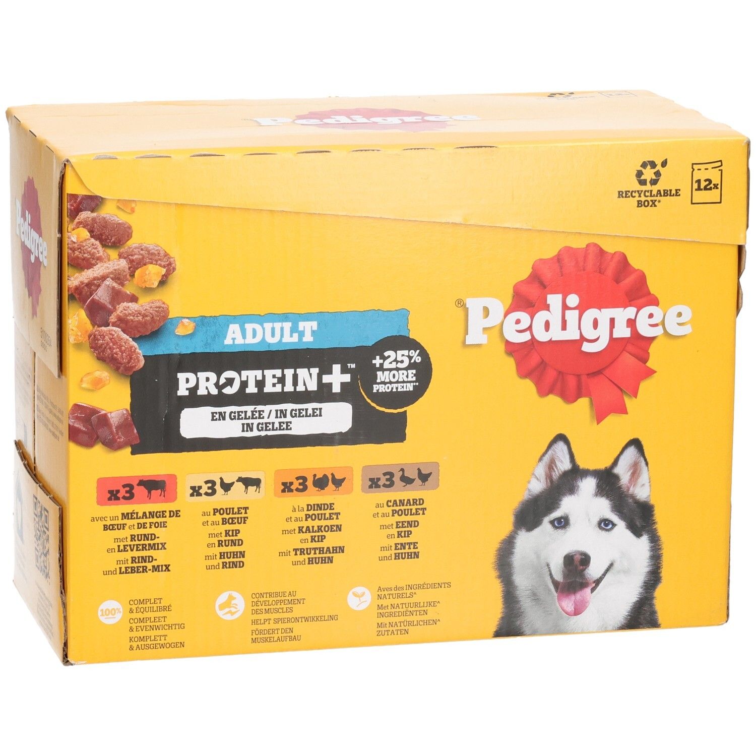 Pedigree Adult Protein+ Hundefutter in Gelee, 12er Pack. Nahaufnahme der Produktvarianten Rind, Huhn, Lamm und Pute.