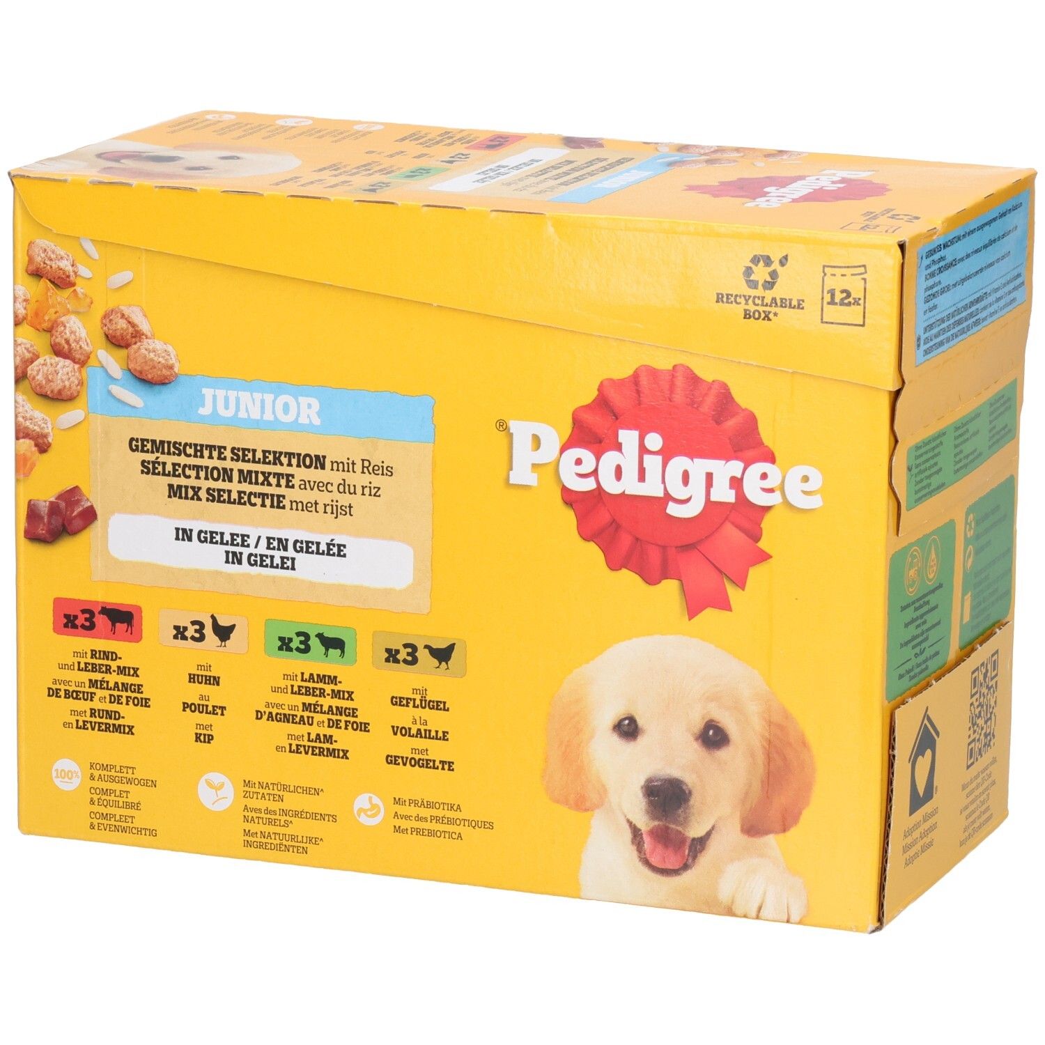 Pedigree Junior Nassfutter, gemischte Selektion in Gelee mit Reis.