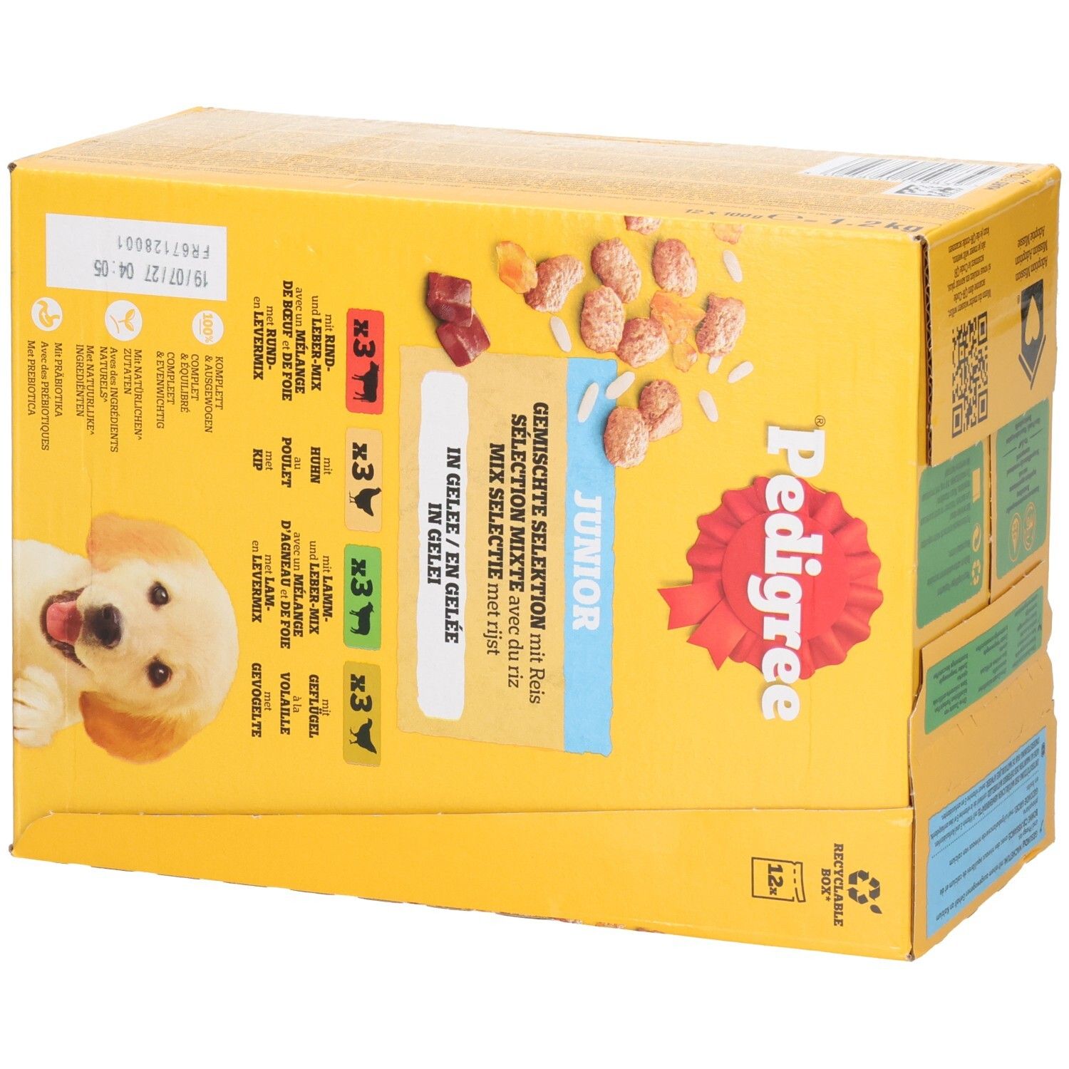 Pedigree Junior Nassfutter, gemischte Selektion in Gelee mit Reis.
