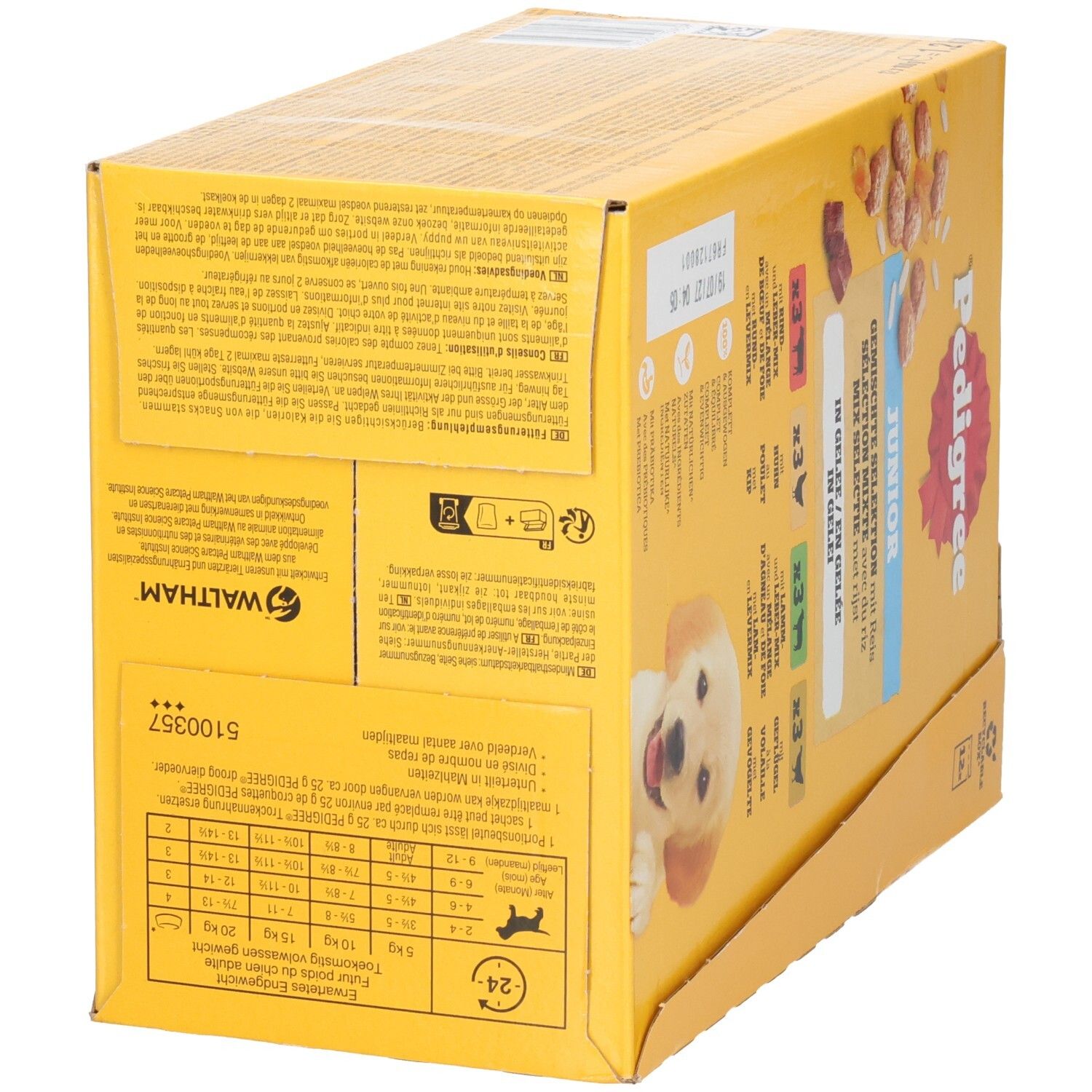 Pedigree Hundefutter-Box mit Welpenmotiv und Fütterungstabelle.