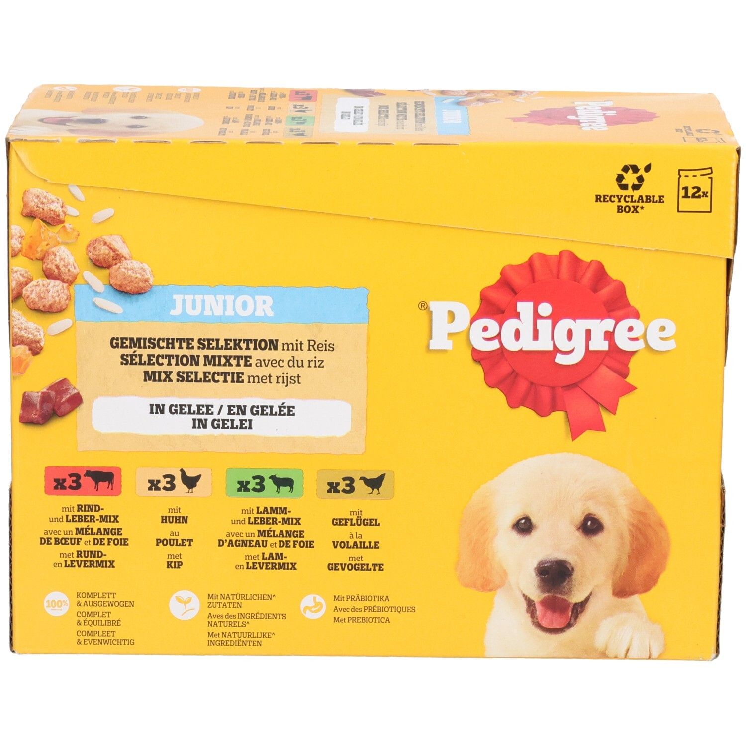 Pedigree Junior Nassfutter, gemischte Selektion in Gelee mit Reis.