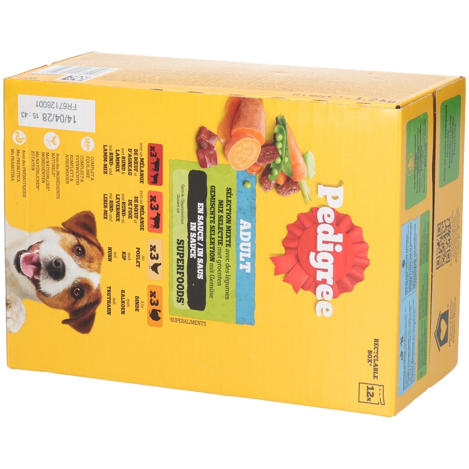 Pedigree Adult Mix Selektion in Sauce Hundefutter, 12er Packung mit Hundebild und Zutaten.