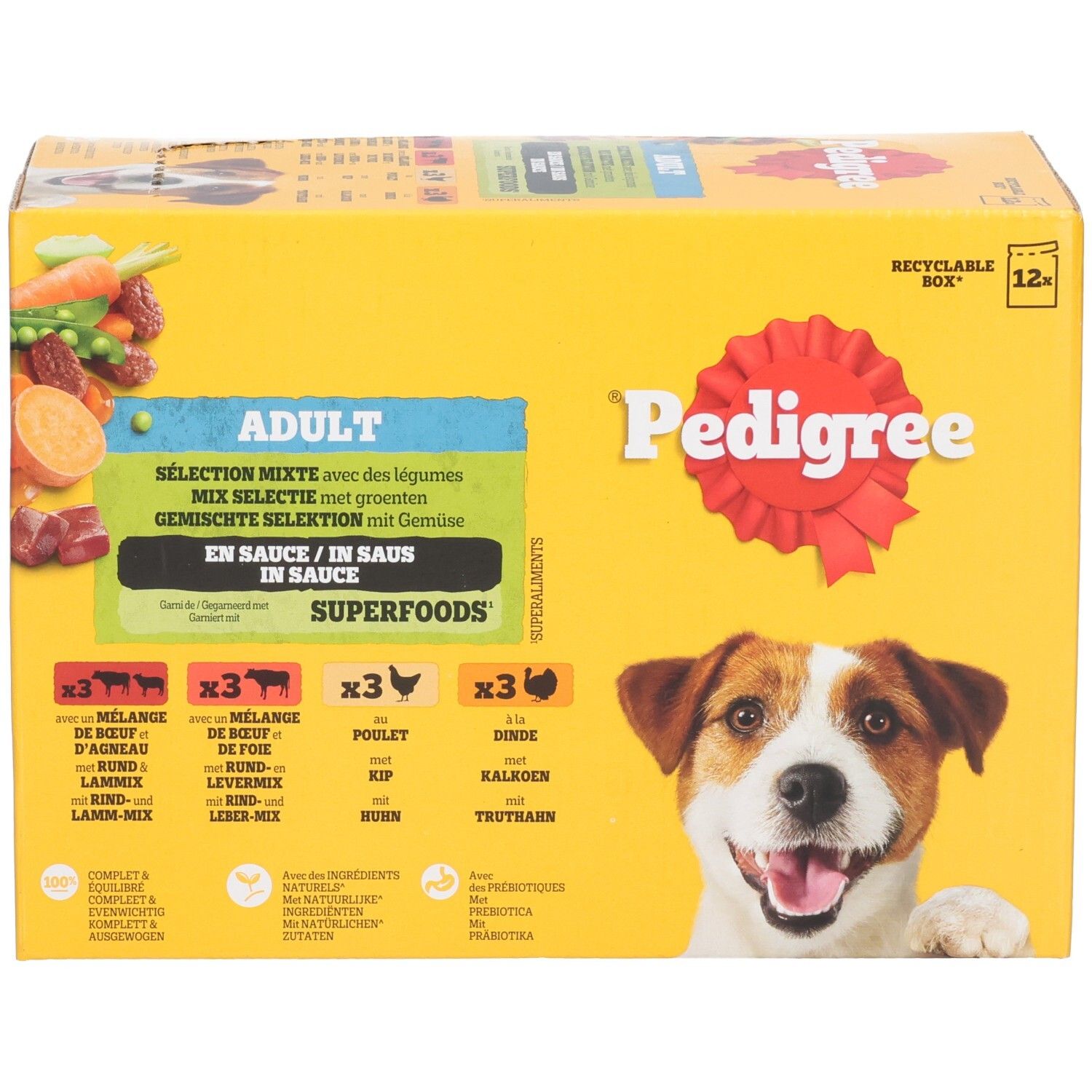 Pedigree Adult Mix Selektion in Gelee Hundefutter, 12er Packung mit Hundebild und Zutaten.