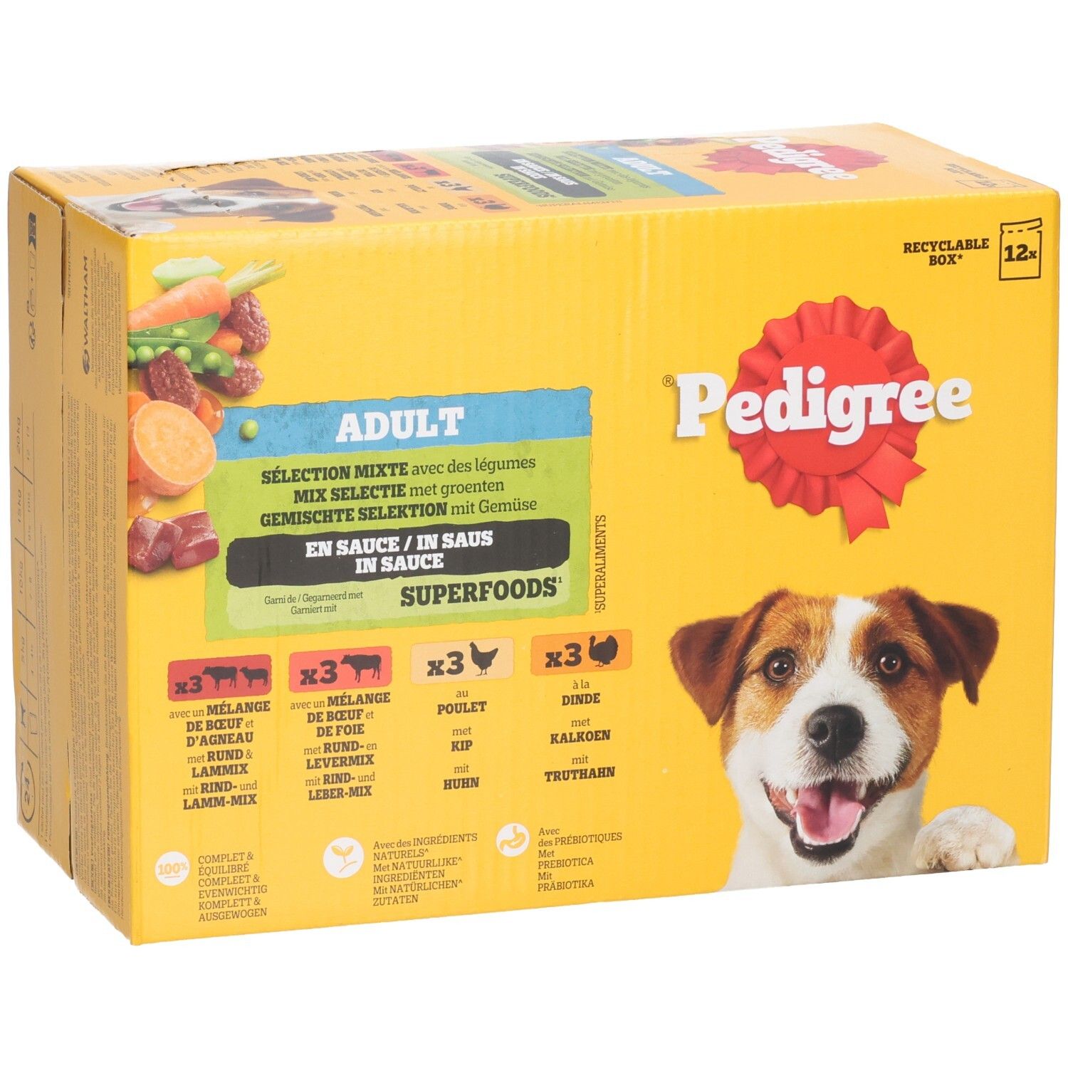 Pedigree Adult Mix Selektion Hundefutter, 12er Packung mit Hundebild und Zutaten.