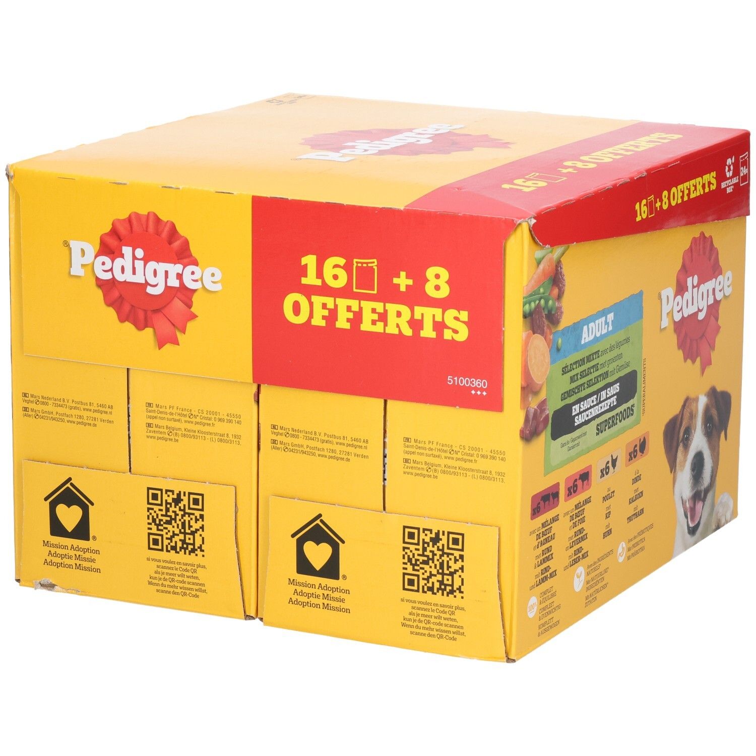 Rückseite einer Pedigree Multipack-Box mit 16+8 Gratis Beuteln Hundefutter, Adult.
