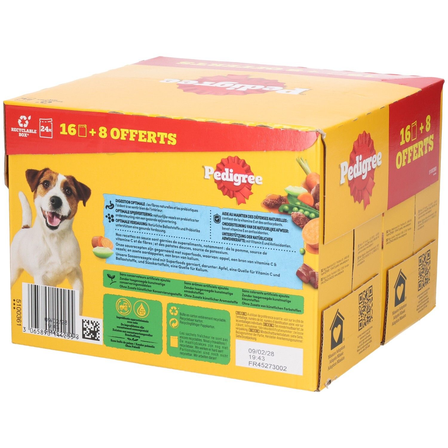 Seite einer Pedigree Multipack-Box mit 16+8 Gratis Beuteln Hundefutter, Adult.