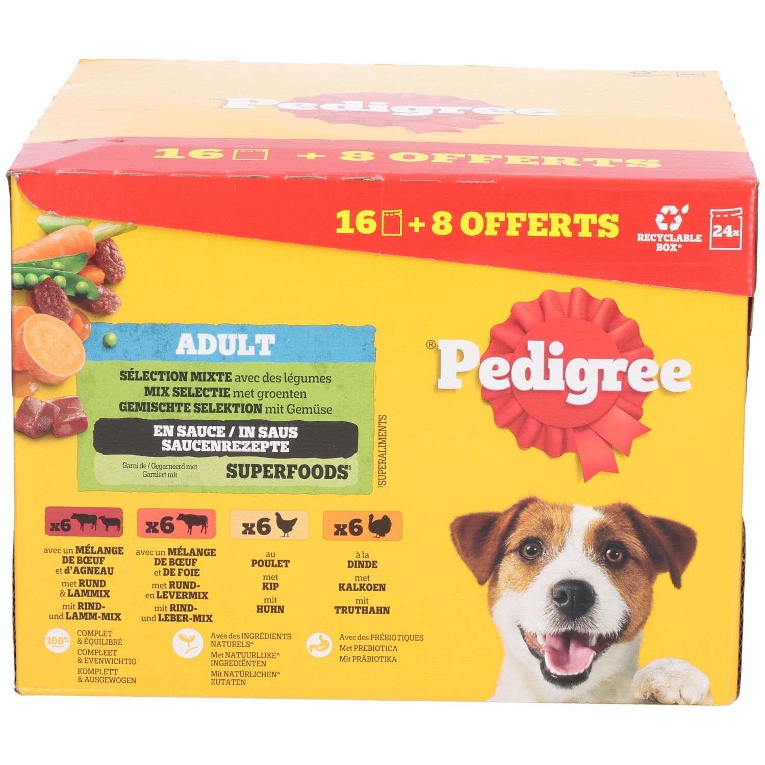 Vorderseite einer Pedigree Multipack-Box mit 16+8 Gratis Beuteln Hundefutter, Adult, gemischte Auswahl.