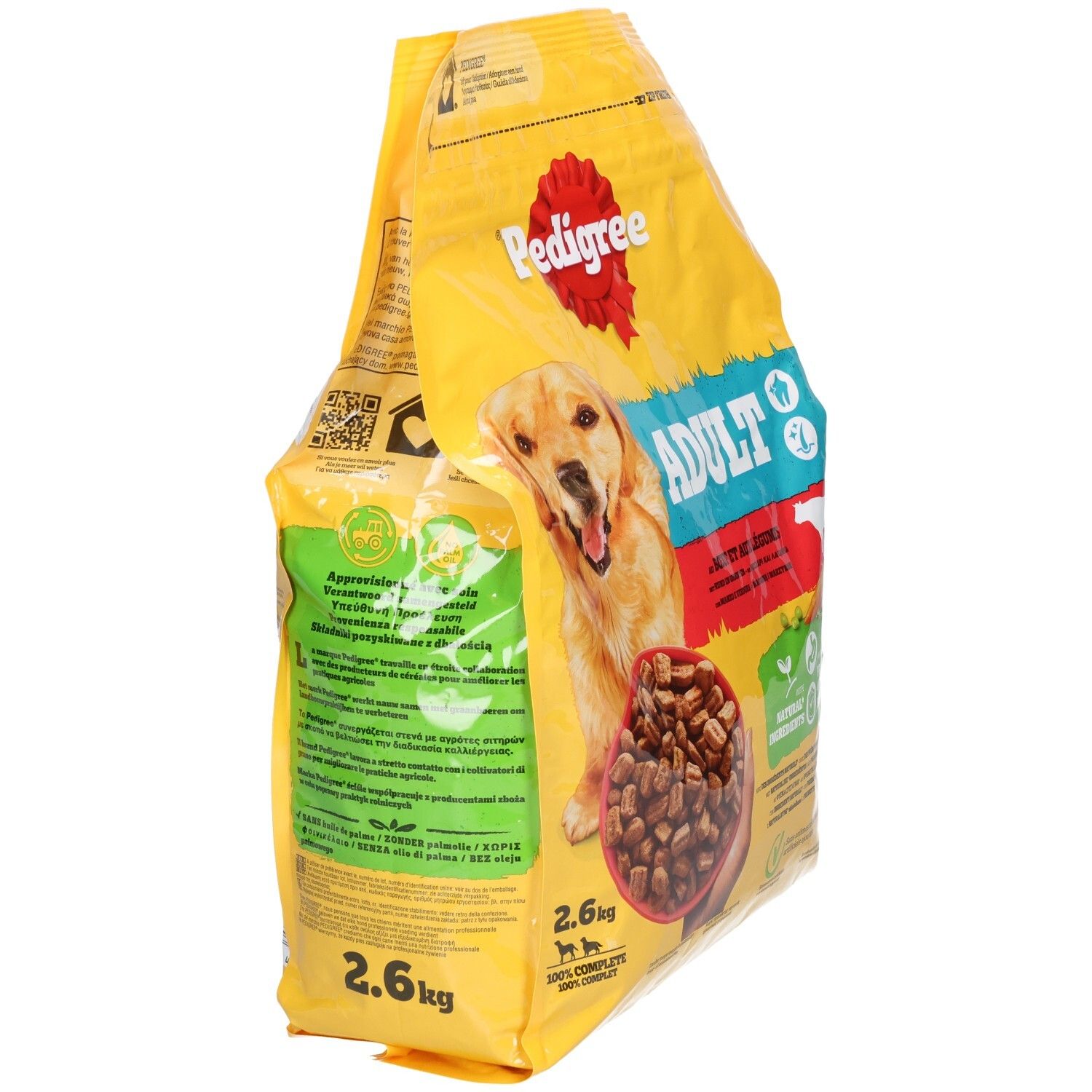 Pedigree Adult Hundefutter, 2.6kg Beutel mit Hundebild.