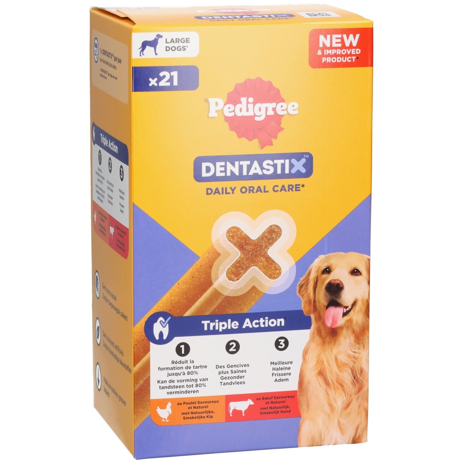 Packung Pedigree Dentastix für große Hunde, 21 Stück, Vorderseite mit Hund und Produktmerkmalen.