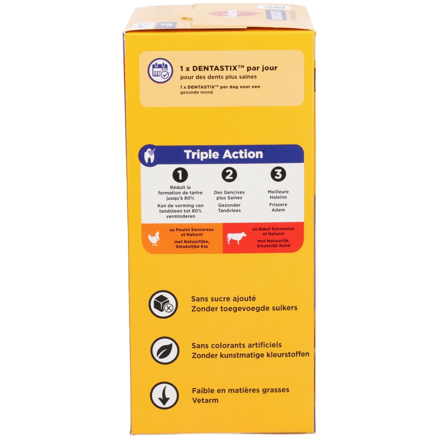 Packung Pedigree Dentastix für große Hunde, 21 Stück, Vorderseite mit Hund und Produktmerkmalen.
