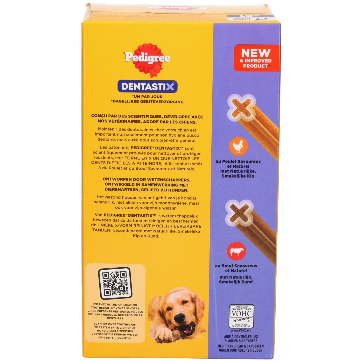 Packung Pedigree Dentastix für große Hunde mit Hunderasse.