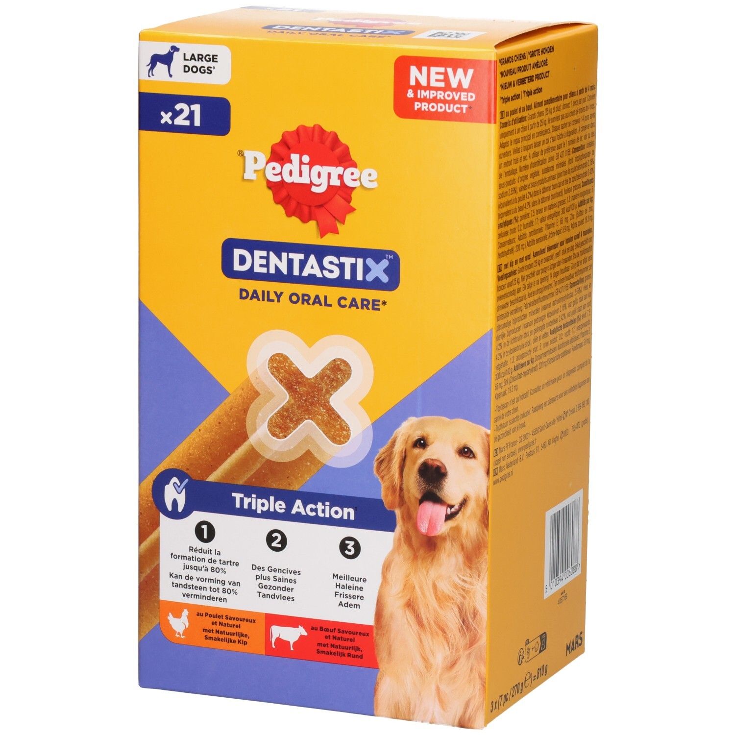 Packung Pedigree Dentastix für große Hunde, 21 Stück, Vorderseite mit Hund und Produktmerkmalen.