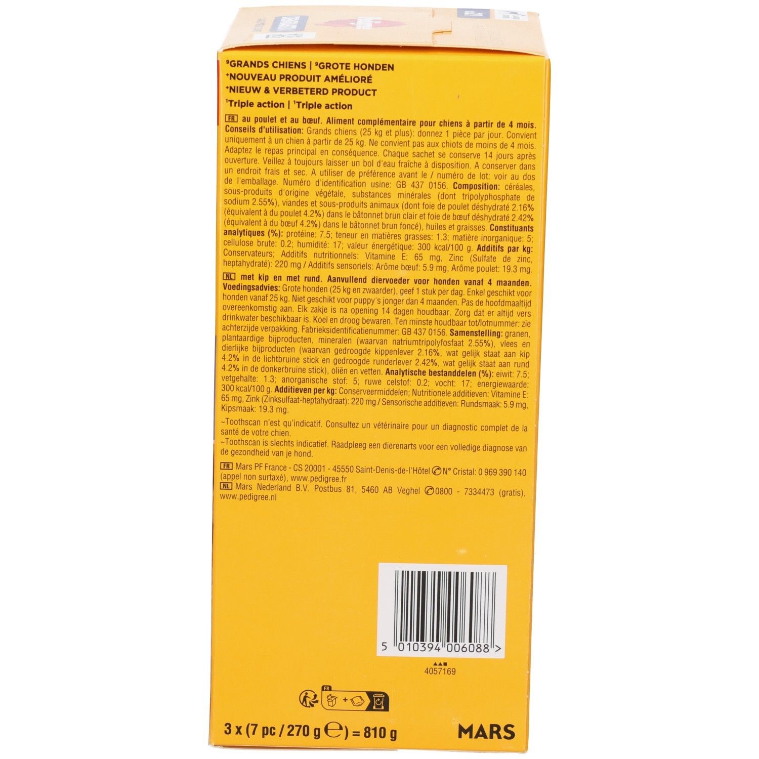 Packung Pedigree Dentastix für große Hunde, 3x7 Stück, mit Produktinformationen.