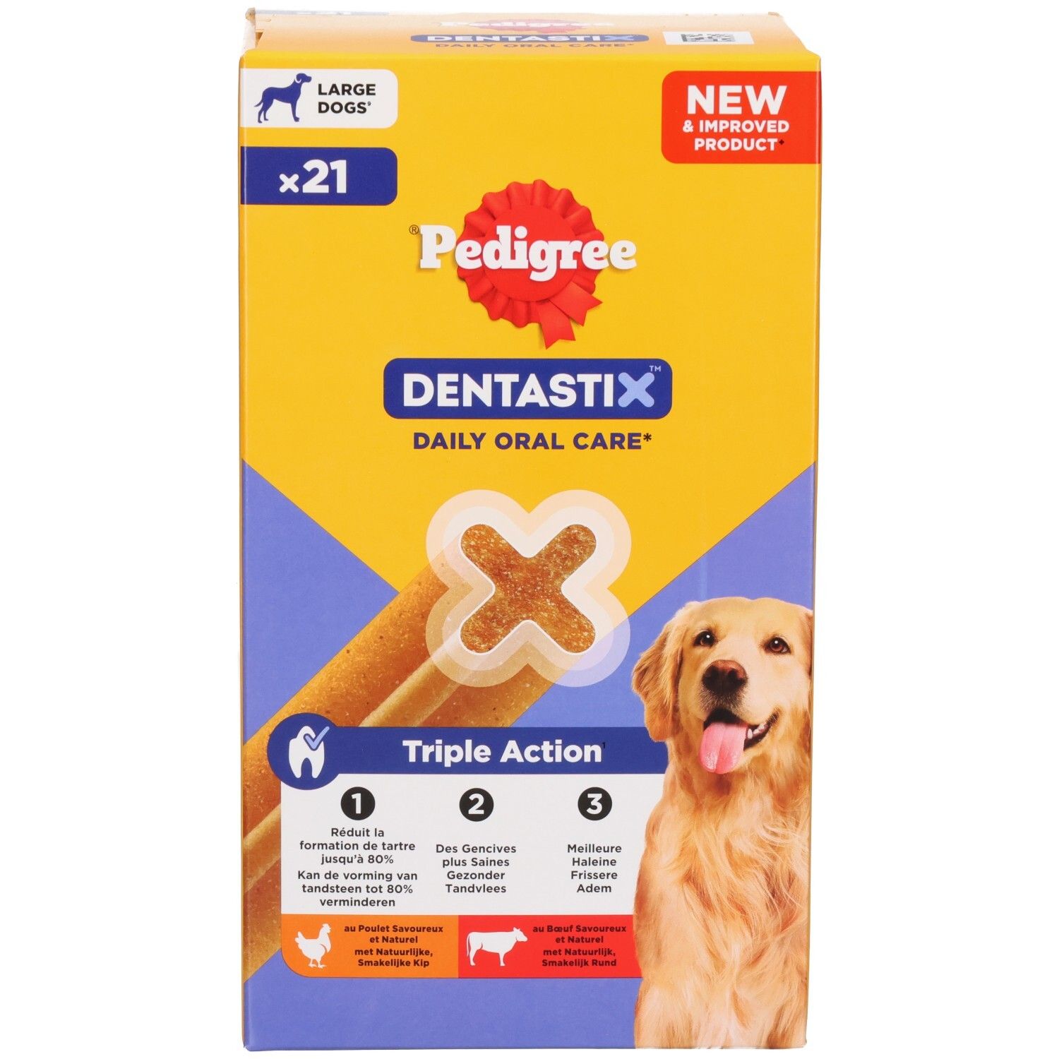 Packung Pedigree Dentastix für große Hunde mit Hunderasse.