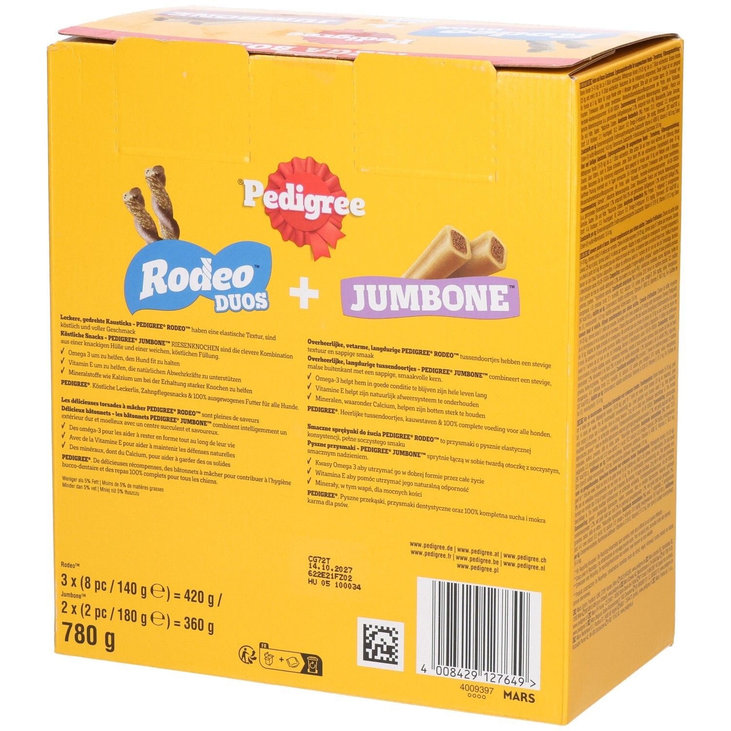 Rückseite einer Pedigree Mega Box mit Rodeo Duos und Jumbone Hundeleckerlis. Gesamtgewicht 780g.