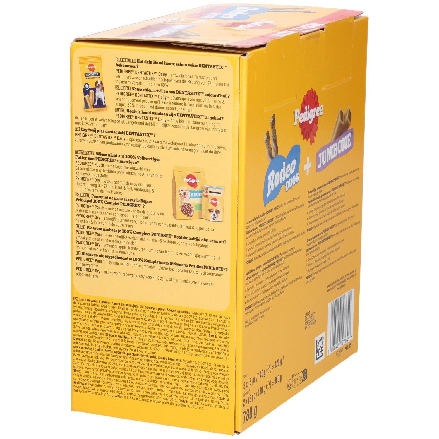Rückseite einer Pedigree Rodeo Dogs Jumbo Mega Box.