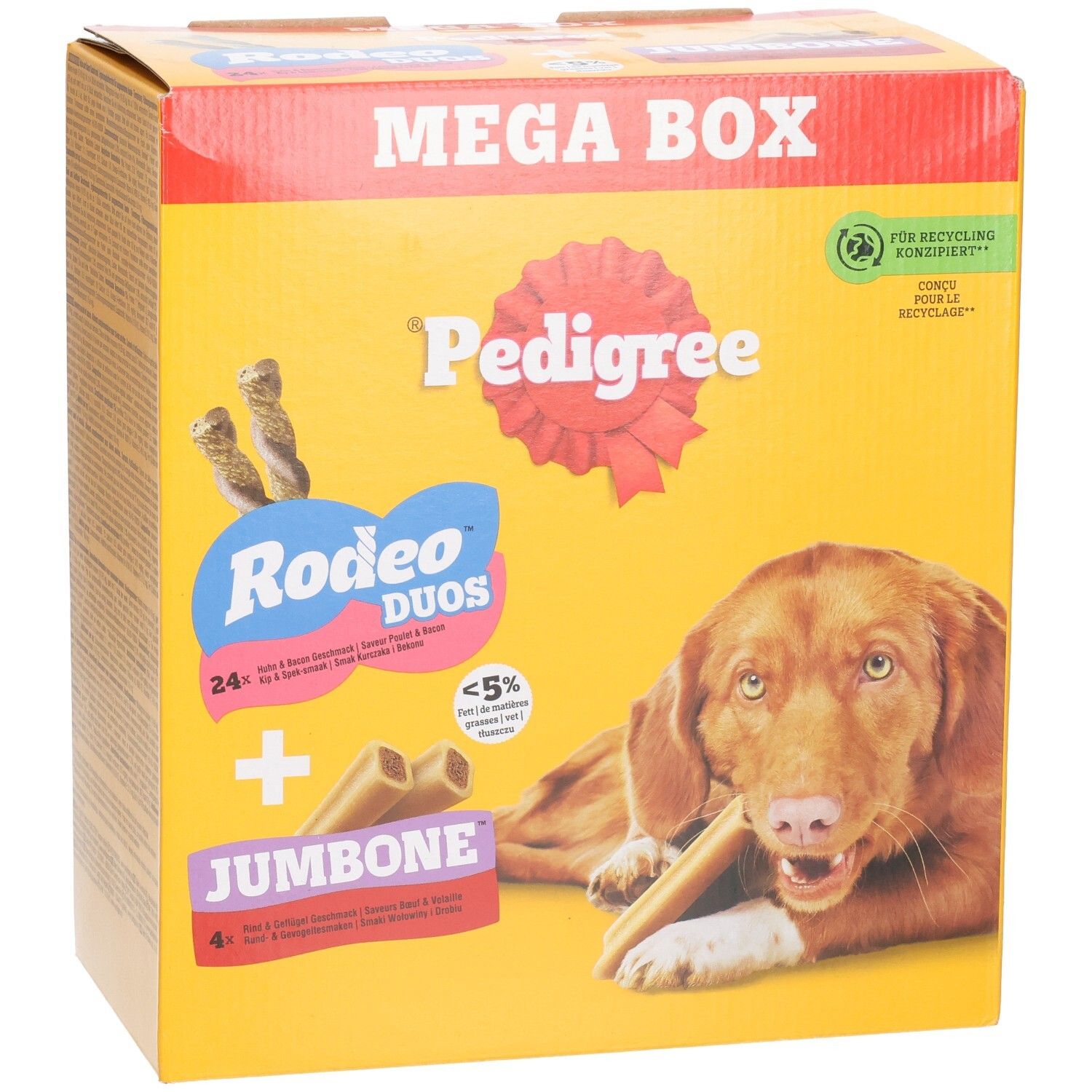 Pedigree Hundeleckerli Box mit Rodeo Duos und Jumbone. Enthält 24+4 Stück.