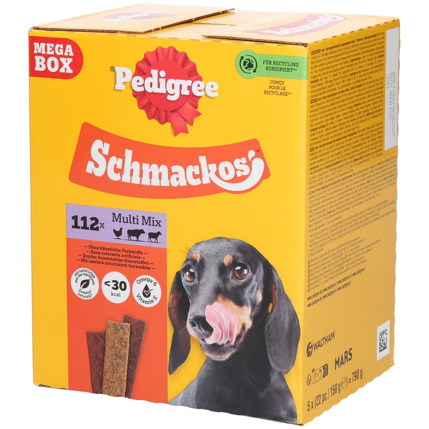 Pedigree Schmackos Mega Box mit 112 Multi Mix Hundeleckerlis. Enthält drei verschiedene Sorten.