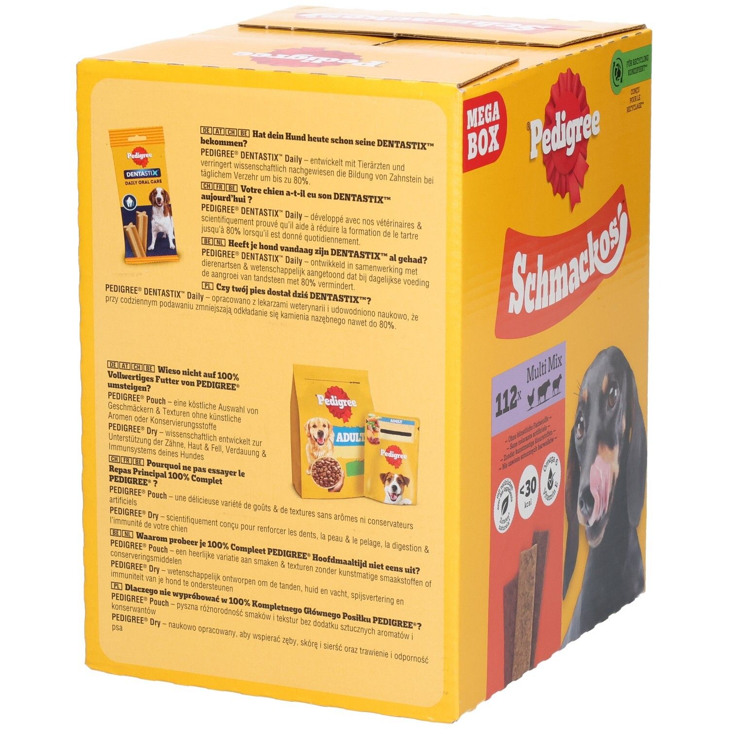 Pedigree Schmackos Mega Box mit 112 Multi Mix Hundeleckerlis. Enthält drei verschiedene Sorten.