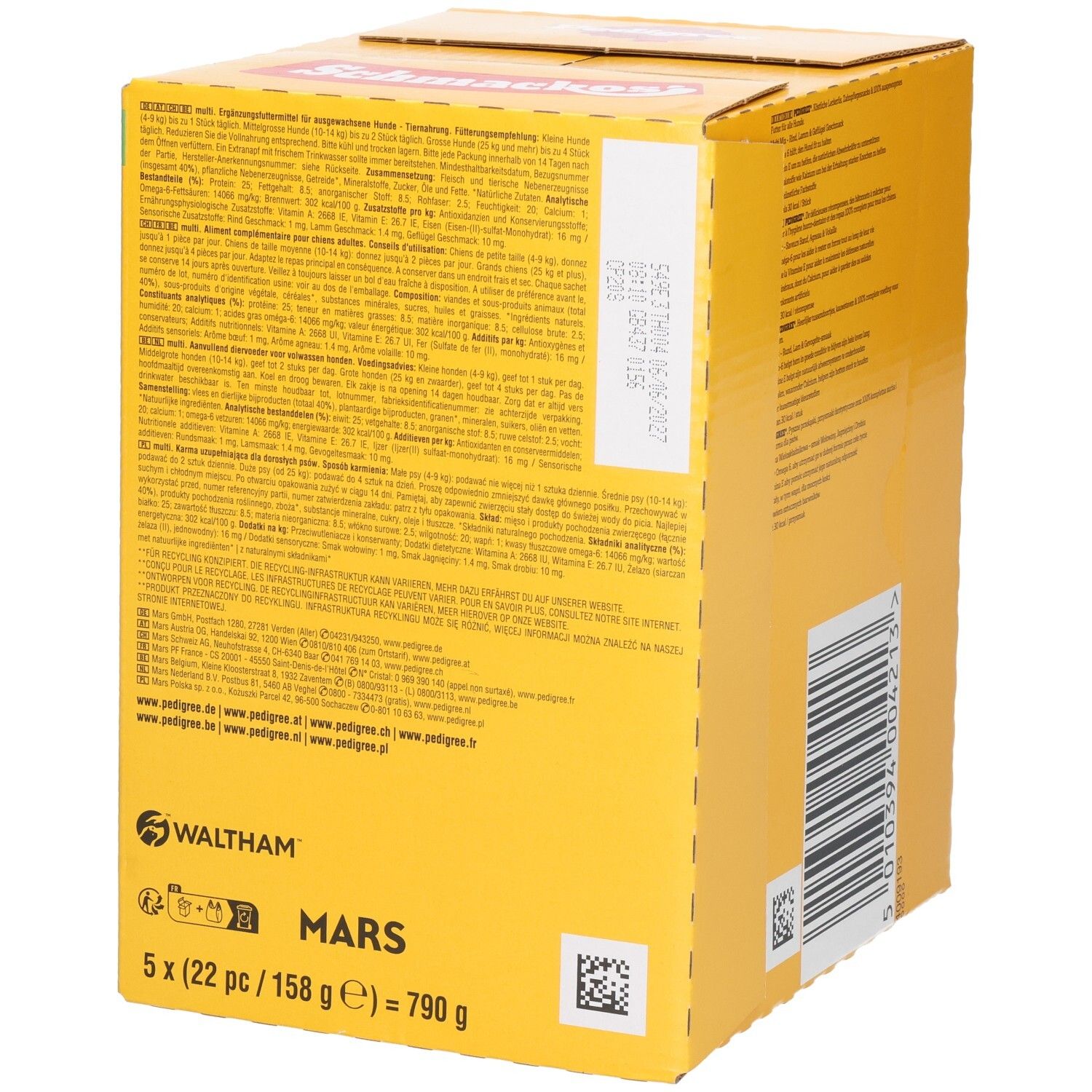 Rückseite einer Pedigree Dentastix Mega Pack Box mit 105 Stück für Hunde von 5-10kg. Mit Triple Action.