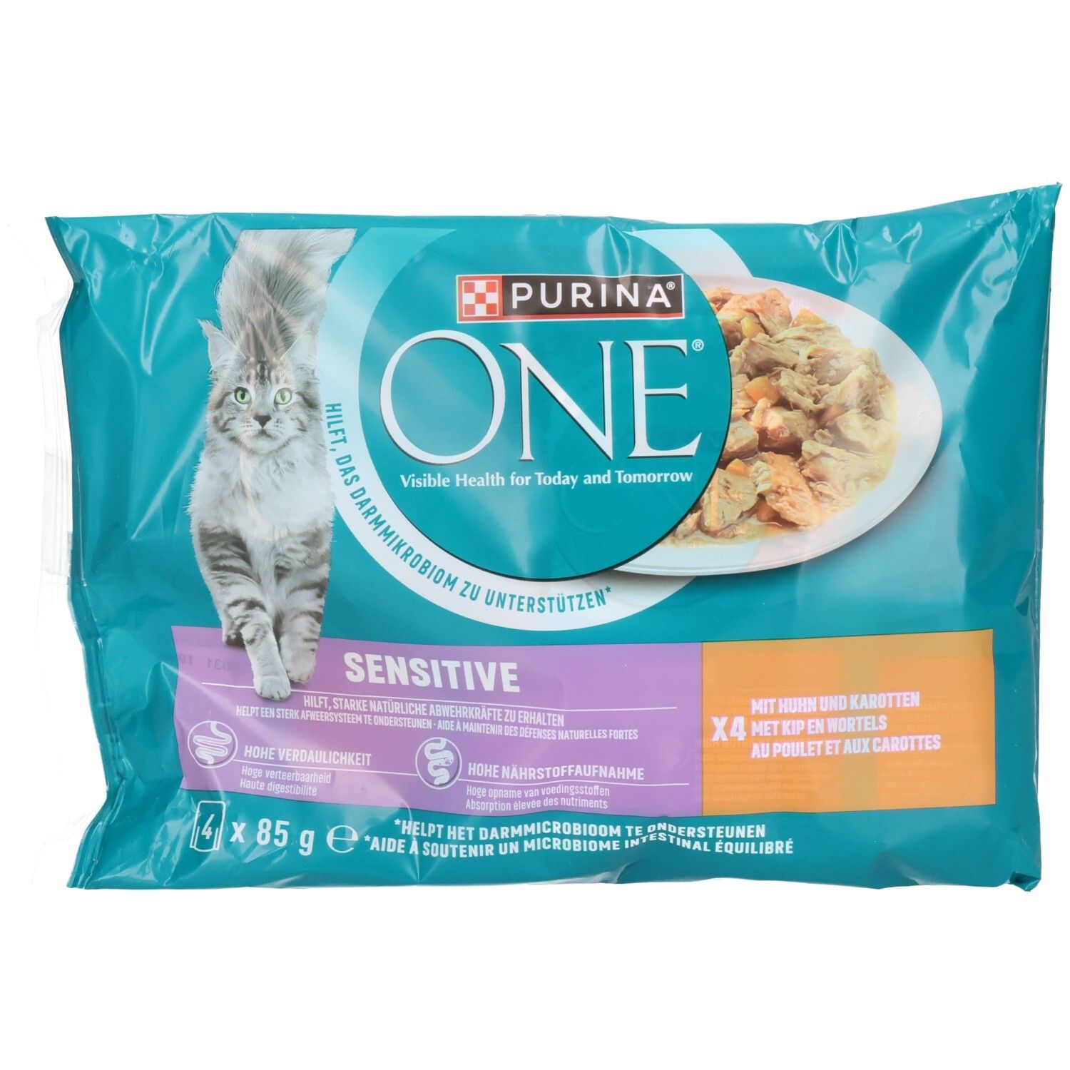 Rückseite eines Purina ONE Sterilcat Katzennassfutter Beutels. 4x 85g.