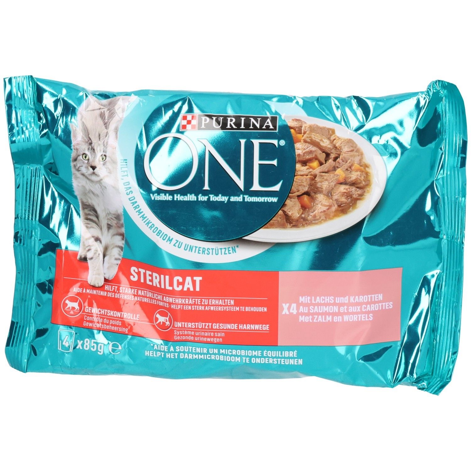 Purina ONE Sterilcat Katzennassfutter mit Lachs und Karotten. 4x 85g.
