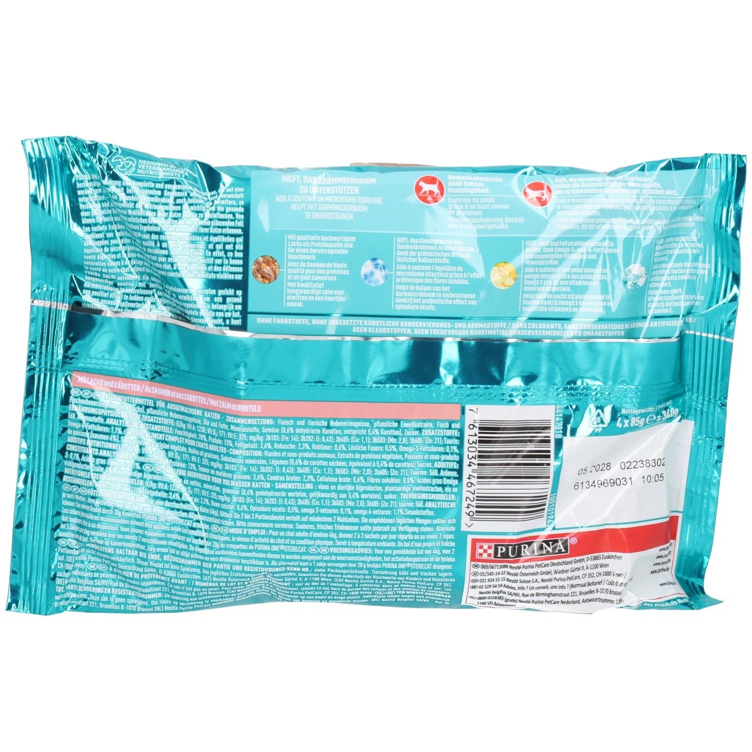 Rückseite eines Purina ONE Hydralife Ergänzungsfuttermittel Beutels. 6x 50g.