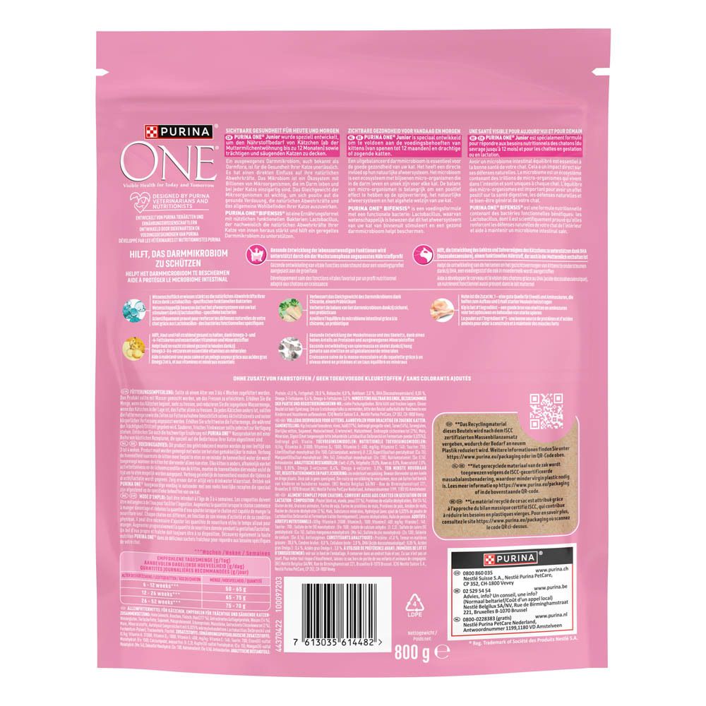 Rückseite einer rosa Verpackung für Katzenfutter mit Nährwertangaben und Zutatenliste.