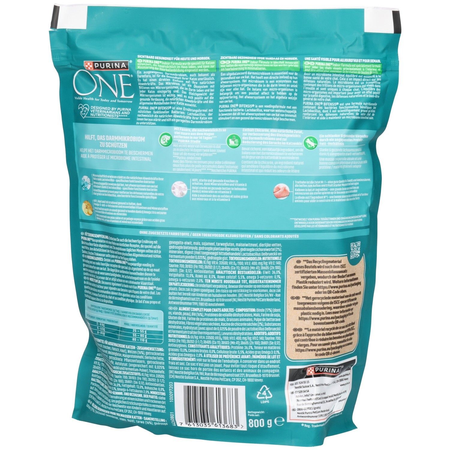 Rückseite einer Packung Purina ONE Bifensis Indoor Formula Trockenfutter für Katzen, 800g.