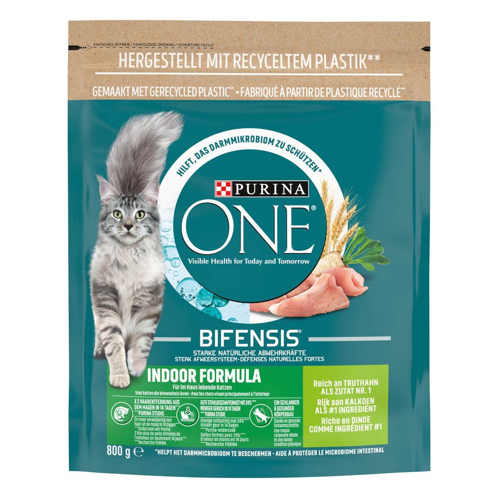 Purina One Bifensis Indoor Formel Katzenfutterbeutel mit Huhn, 800g. Beutel aus recyceltem Kunststoff.