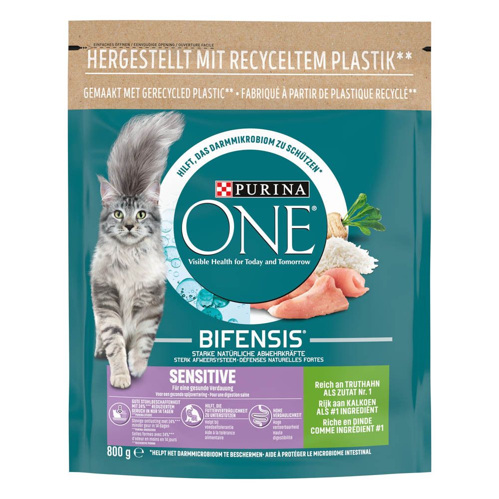 Purina One Bifensis Sensitive Katzenfutter, 800g Packung mit Bild einer Katze und Lachs.