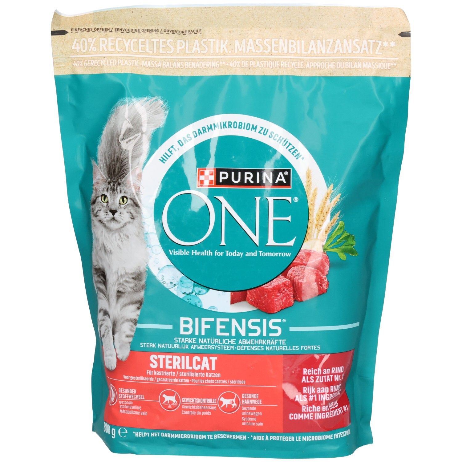 Vorderseite einer Packung Purina ONE Sterilcat Katzenfutter mit einem Bild einer Katze.