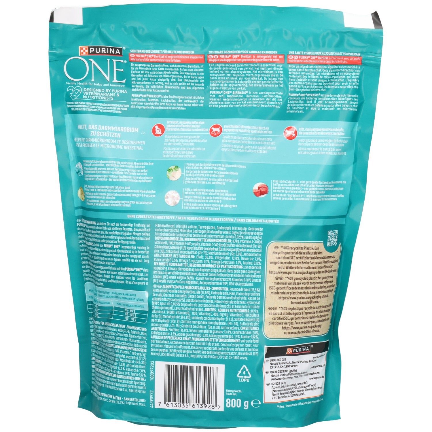 Rückseite einer Packung Purina ONE Katzenfutter mit Nährwertangaben und Inhaltsstoffen.