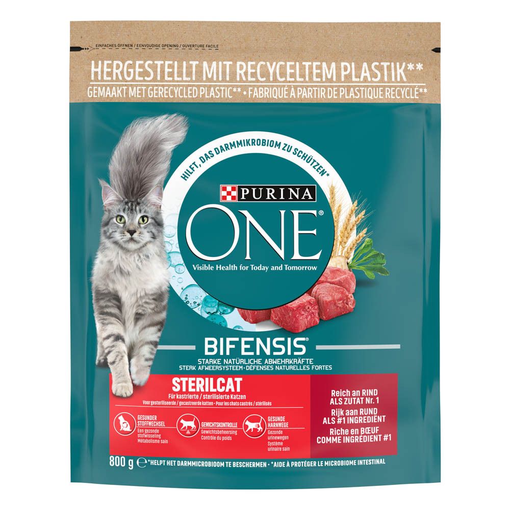 Purina One Sterilcat Trockenfutterbeutel für Katzen mit Rindfleisch.
