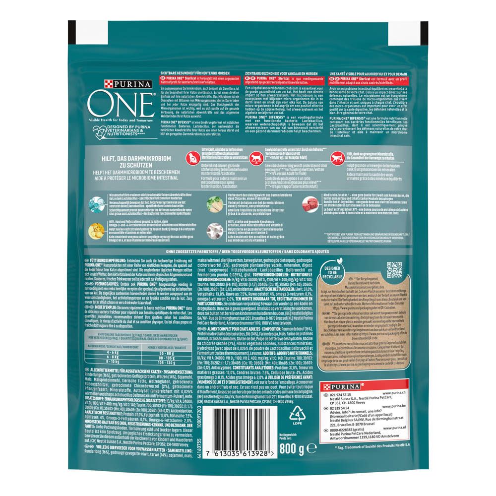 Rückseite eines Purina One Sterilcat Trockenfutterbeutels für Katzen.