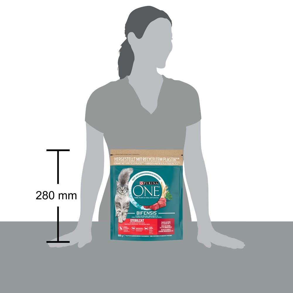 Purina ONE Katzenfutterbeutel, 280 mm hoch, mit Bild einer Katze und Produktinformationen.