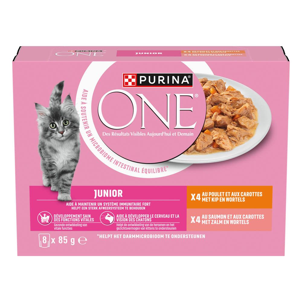 Purina One Junior Katzenfutter-Packung mit 8 x 85g Schalen, rosa mit Kätzchen- und Futterabbildung.