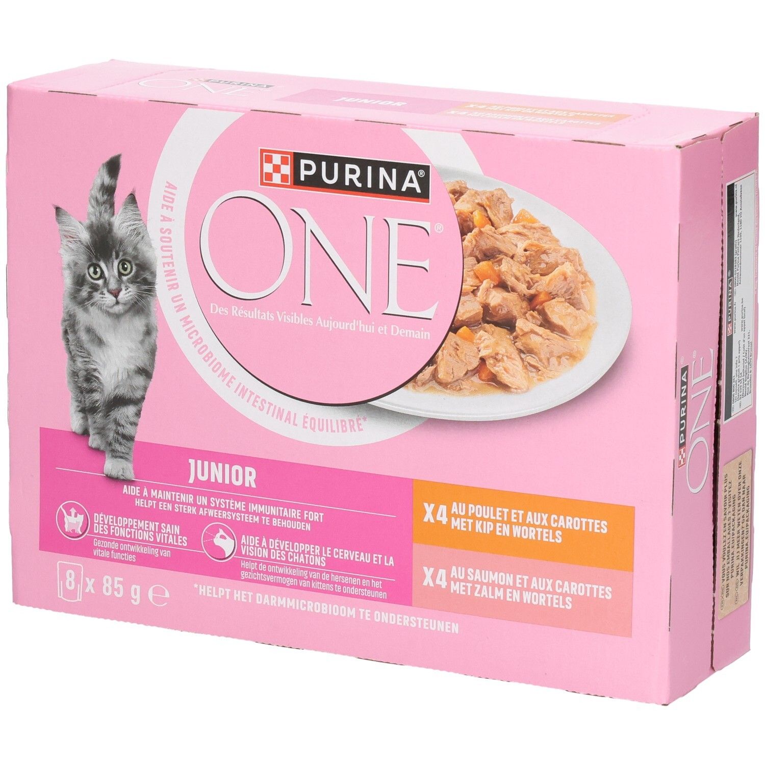 Purina One Junior Katzenfutter-Box, Rückseite. Rosa Verpackung mit Produktinformationen und Icons.